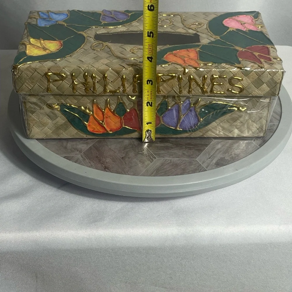 Philippines Woven Tissue Box Cover Hand-Painted Flowers Gold Accents 9.5”